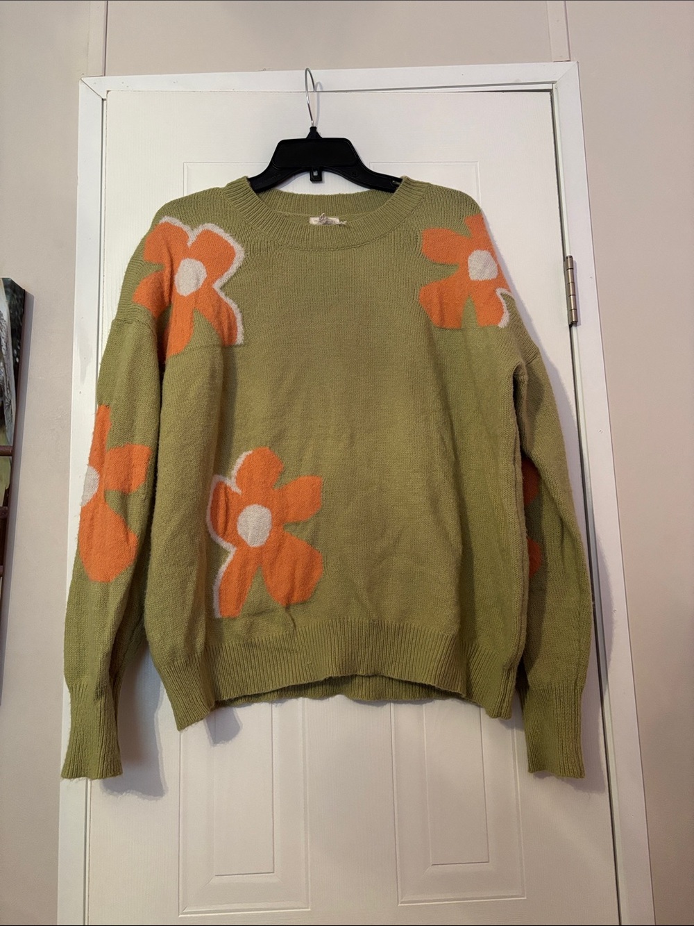 BiBi Olive Crewneck Sweater with Orange & Cream Floral Accents